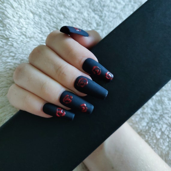 Red Rose Nails With Matte Black Background Coffin Shaped Etsy Australia
