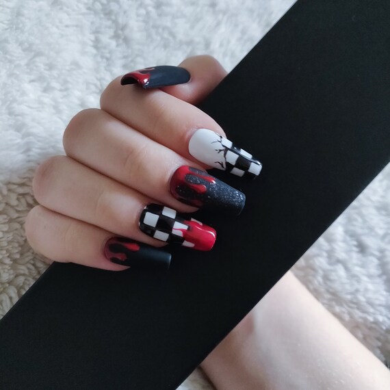 Checkered Flame Press On Nails Coffin Shape Etsy Norway