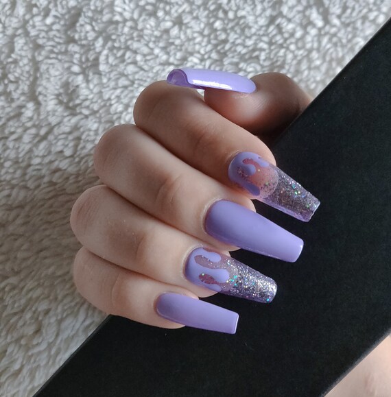 pics Acrylic Nails Coffin Shape Purple purple drip press on nails with purple glitter coffin shaped