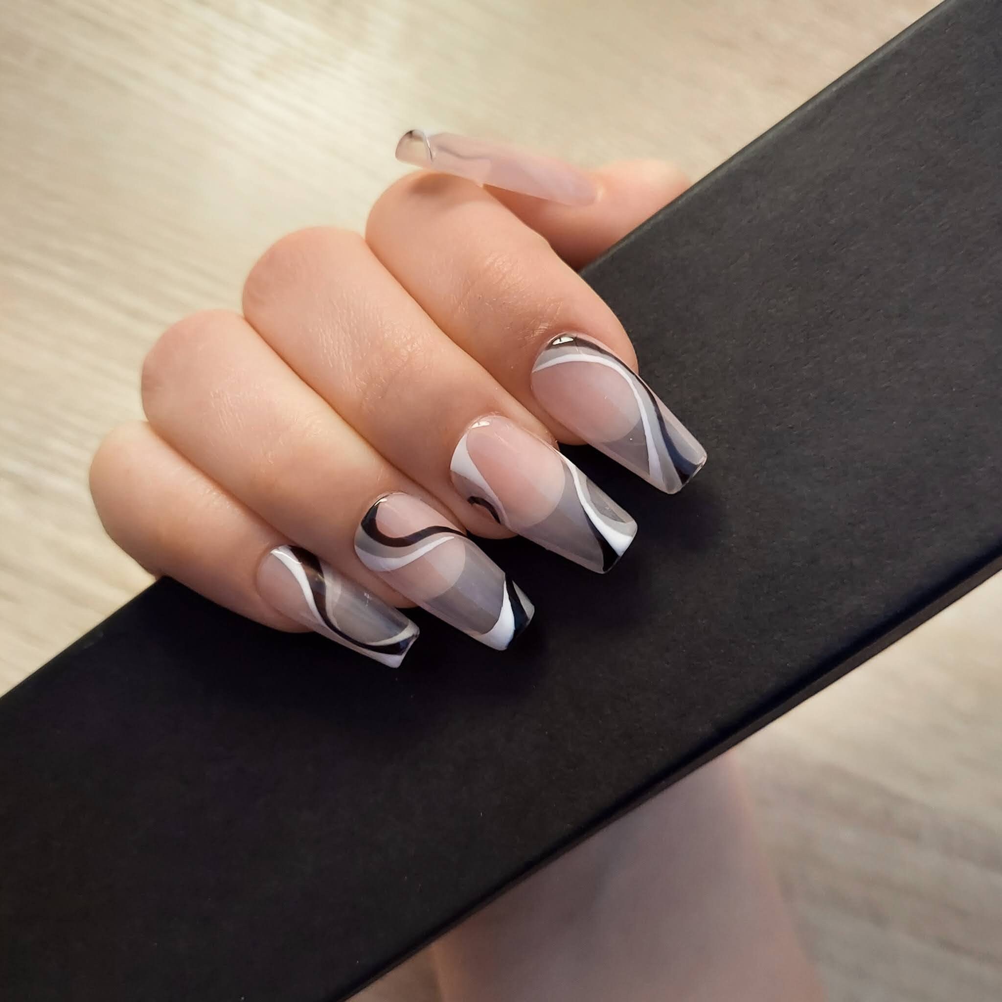 Black And White Negative Space Press On Nails Coffin Shape Etsy