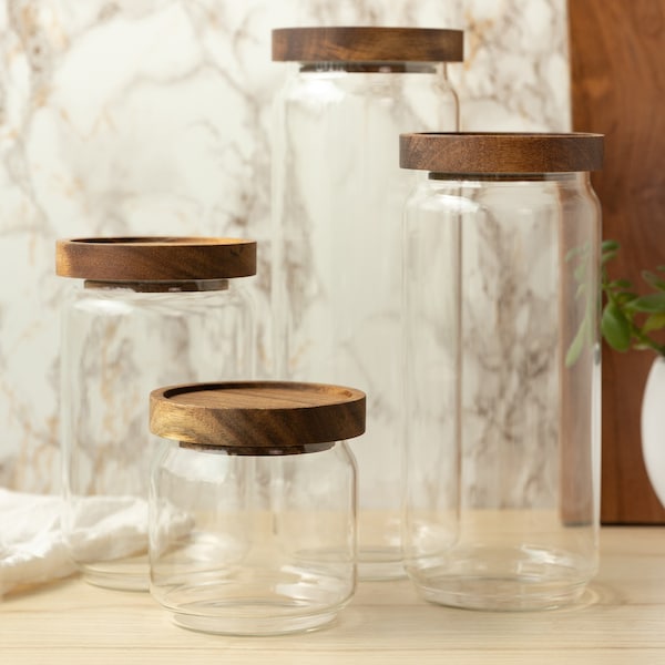 Ensemble de 4 ou 8 boîtes en verre avec couvercles en bois d'acacia | Pots de rangement pour garde-manger pour la cuisine : organisation du café, du sucre, des céréales, des noix et plus