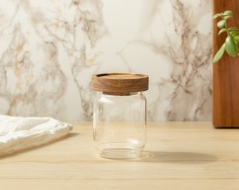 Mini Glass Canister with Acacia Wood Lid (Holds 140ml) | Pantry Storage Jar for Kitchen Organization of Spices, Seeds & More