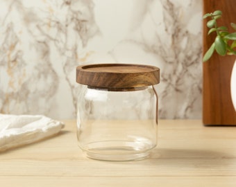 Small Glass Canister with Acacia Wood Lid (Holds 400ml) | Pantry Storage Jar for Kitchen Organization of Coffee, Sugar, Nuts, Tea & More