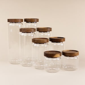 Set of 8 Glass Canisters with Acacia Wood Lids | Pantry Storage Jars for Kitchen Organization of Coffee, Sugar, Cereal, Nuts & More