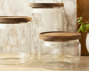 Set of 3 or 6 Glass Canisters with Acacia Wood Lids | Pantry Storage Jars for Kitchen Organization of Flour, Sugar, Cereal, Cookies & More