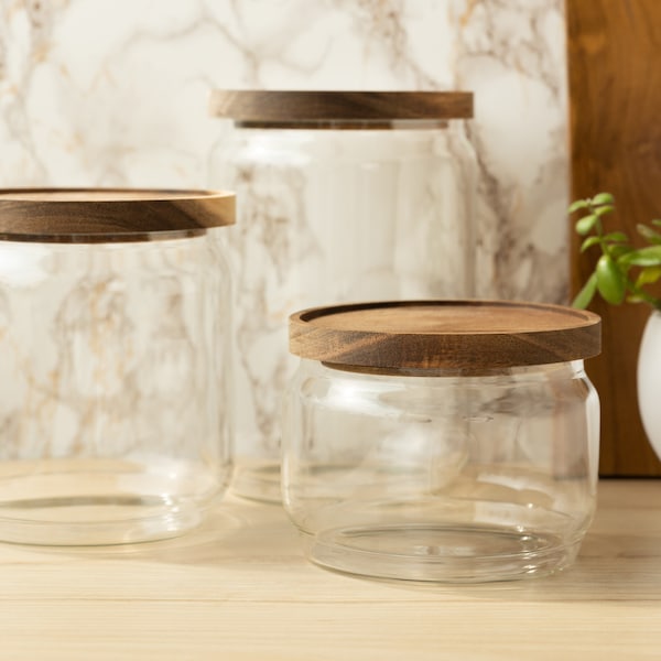 Set of 3 or 6 Glass Canisters with Acacia Wood Lids | Pantry Storage Jars for Kitchen Organization of Flour, Sugar, Cereal, Cookies & More
