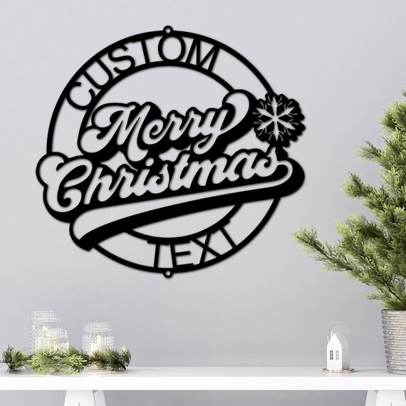 Merry Christmas Ring Custom Family Name Metal Art Steel Wall Sign