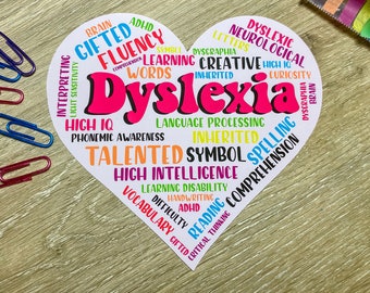Dyslexia Heart Word Cloud- Die Cut Sticker, Dyslexia Sticker, Dyslexia Awareness, Dyslexia Die Cut