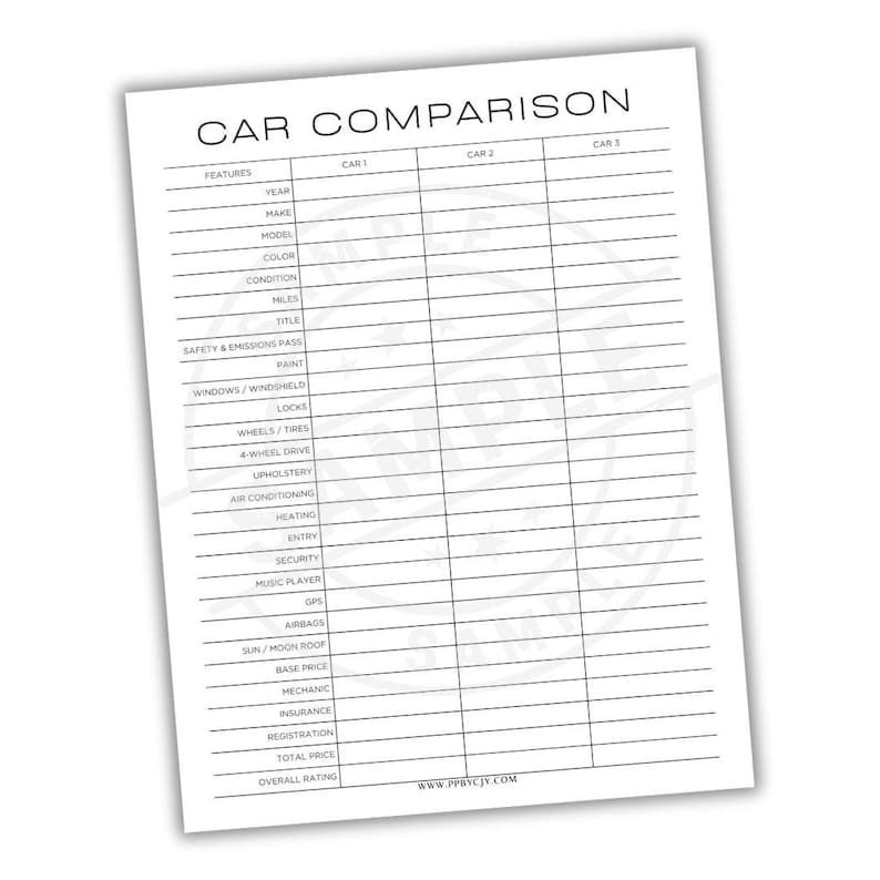 Car Comparison Sheet Printable Template | Vehicle Features & Price ...