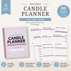 Könnte beinhalten: Ein druckbarer Kerzenplaner mit rosa Einband und Spiralbindung. Der Einband trägt die Aufschrift "CANDLE PLANNER" und enthält Abschnitte zum Planen, Verfolgen und Aufzeichnen. Der Planer umfasst 20 Seiten.