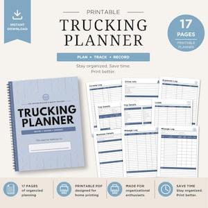 May include: Printable trucking planner with 17 pages. The planner includes sections for routes, mileage, and expenses. The cover is light blue with the words "Trucking Planner" in bold, black letters. The planner is designed for home printing.