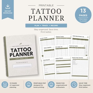 以下が含まれることがあります： 「TATTOO PLANNER」と「PLAN • TRACK • RECORD」のテキストが特徴の、スパイラルバインディング付きの印刷可能なタトゥープランナー。画像には、家庭での印刷用に設計された、整理された13ページの計画が含まれています。
