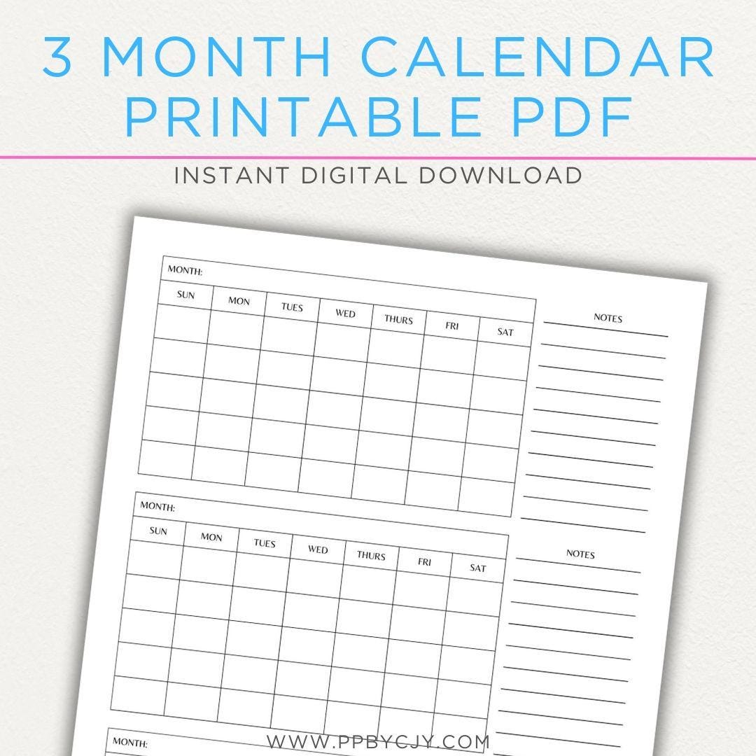 3-month Blank Calendar Printable | Undated Monthly Planner With Notes ...
