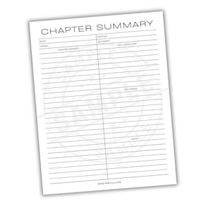 May include: A white Chapter Summary sheet with black text. The top of the sheet reads "CHAPTER SUMMARY". The sheet has lines for "BOOK", "VERSES", "CHAPTER SUMMARY", "CHAPTER", "TESTAMENT", "KEY CHARACTERS", "KEY VERSES", and "NOTES".