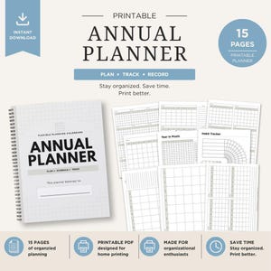 May include: A printable annual planner set featuring 15 pages of organizational templates. The cover displays the text ANNUAL PLANNER, PLAN, SCHEDULE, TRACK, and This planner belongs to. Includes various grid layouts, a year in pixels, and habit tracker.