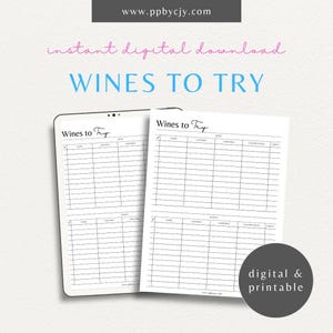 Weine zum Probieren Druckbare Vorlage | Sofortiger digitaler Download | Verkostungsliste | Wein Journal Blatt | Wein-Liebhaber-Tracker | Logbuch