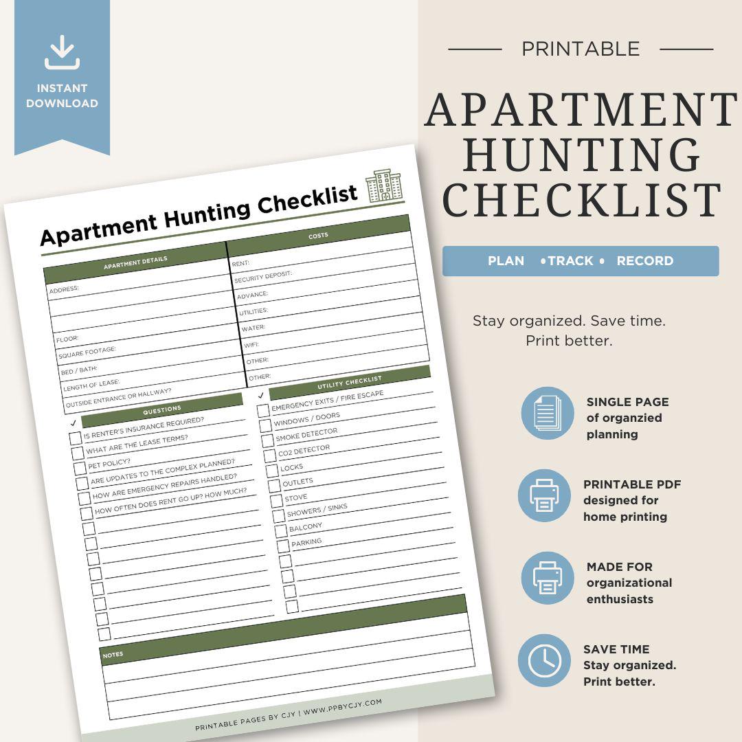 Apartment Hunting Checklist | Rental Search Organizer (digital Download ...