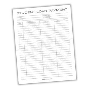 May include: A white student loan payment form with the title "STUDENT LOAN PAYMENT" at the top. The form includes fields for creditor, account number, interest rate, payoff date, date, starting balance, payment, and closing balance. The website www.PPBYCJY.COM is at the bottom.
