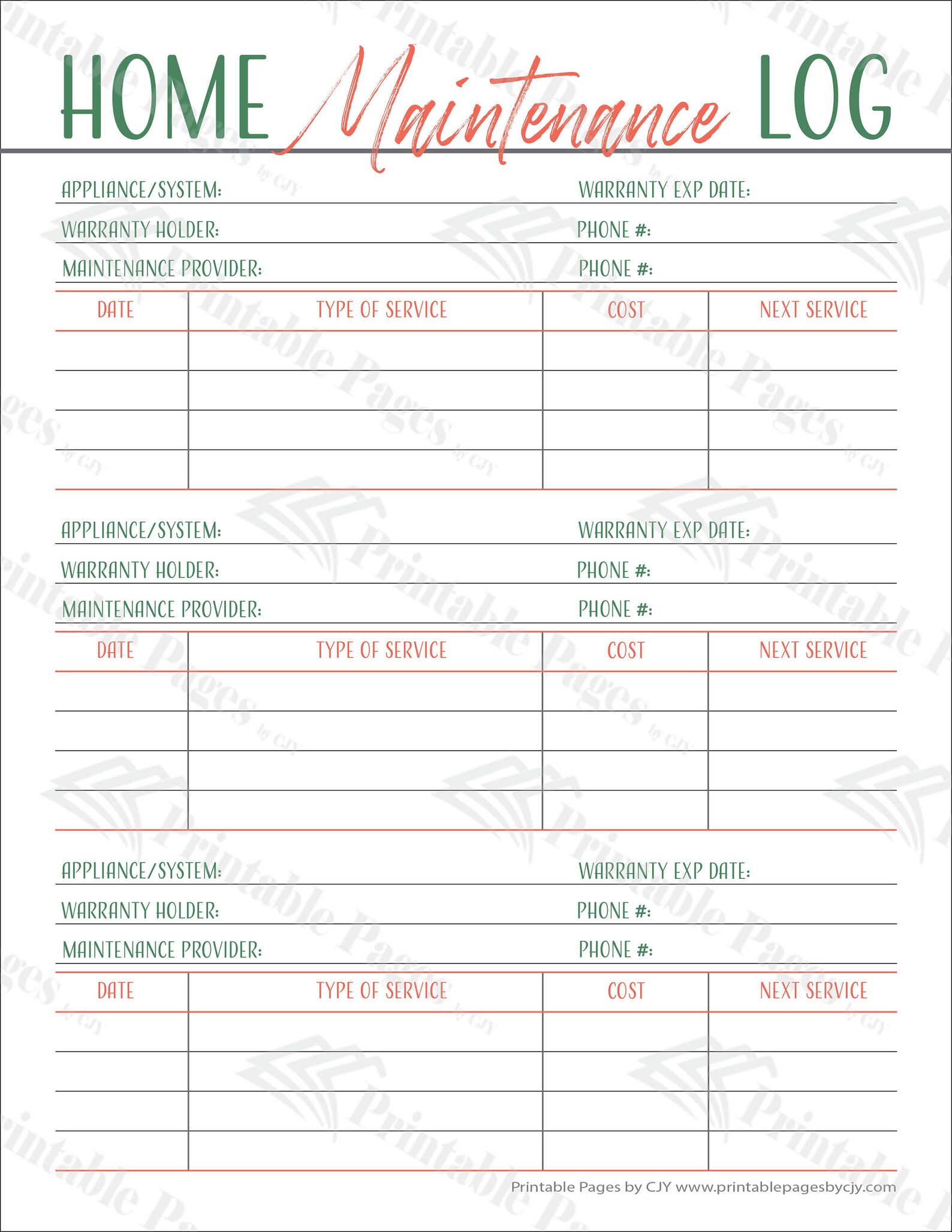Home Maintenance Log Instant Digital PDF Download Print | Etsy