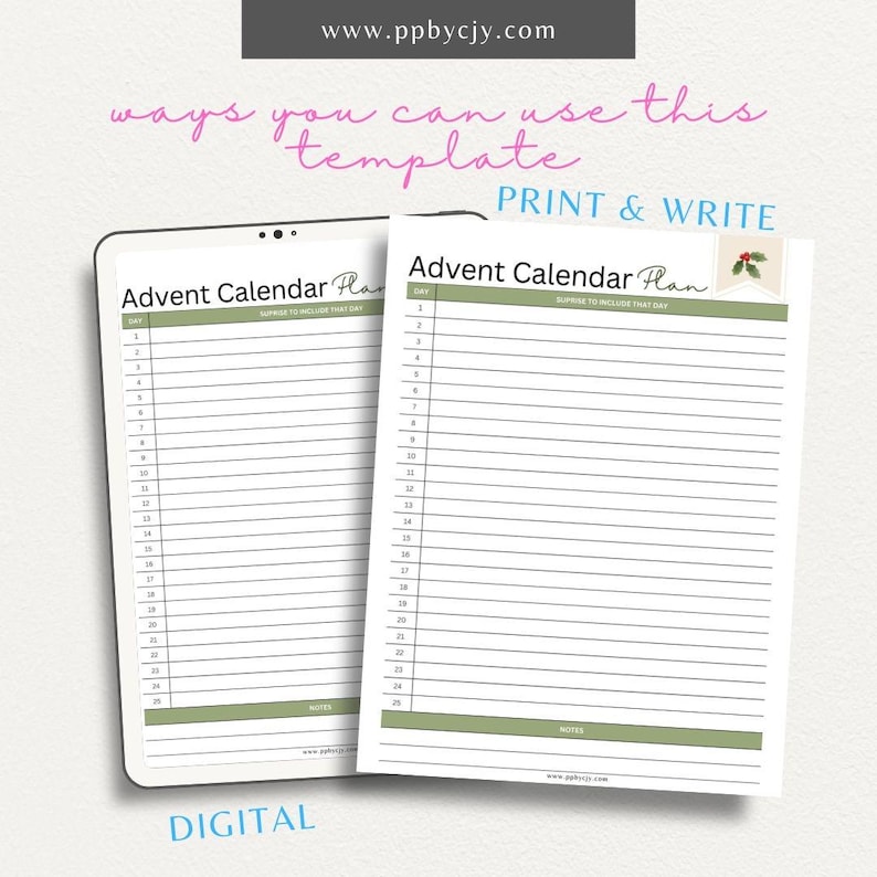 Advent Calendar Planner Printable Countdown to Christmas Digital