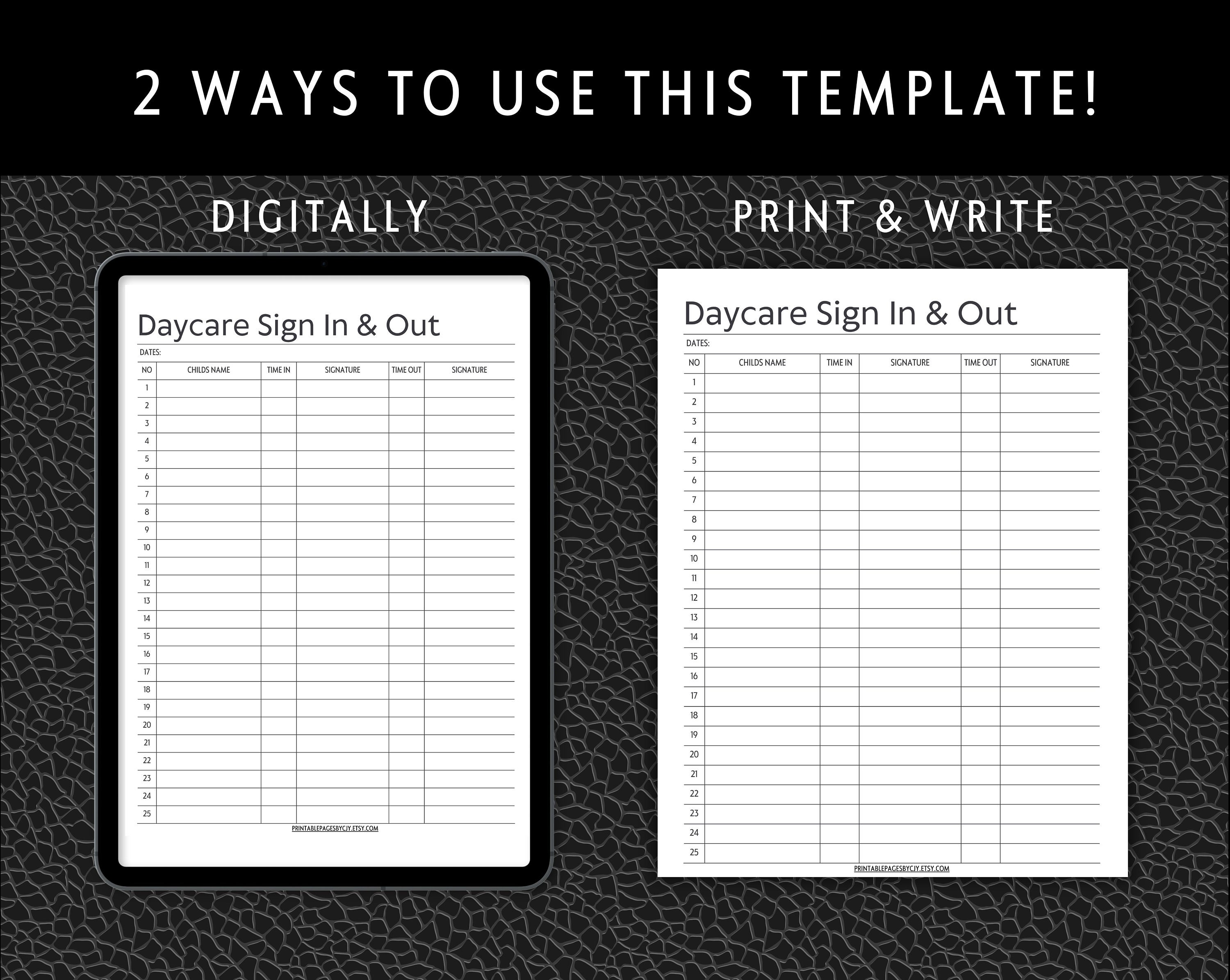 Daycare Sign in Sheet Printable Childcare Check in Form - Etsy