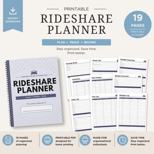 May include: A printable rideshare planner with 19 pages, designed for organizational enthusiasts. The cover features the text "RIDESHARE PLANNER" and includes sections for mileage, expenses, and goals. The planner includes sections for tracking earnings, expenses, and mileage.