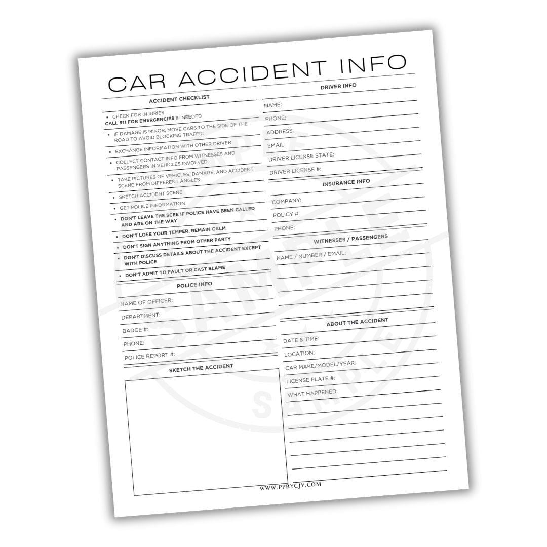 Car Accident Checklist Printable PDF | Auto Incident Info Sheet ...