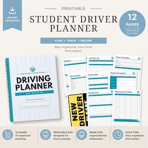 May include: A printable student driver planner with 12 pages. The planner includes sections for planning, tracking, and recording driving progress. The cover features the text "Driving Planner" and the words "Plan, Track, Record".