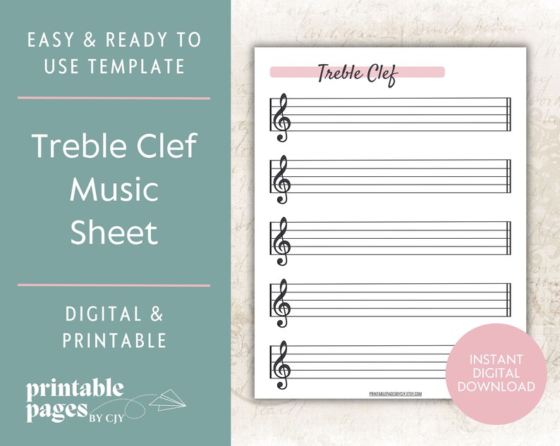 Treble Clef Printable Sheet Music Template Music Staff Note Etsy