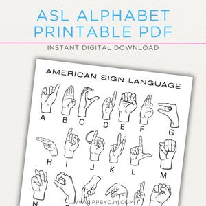Folha do alfabeto ASL | Tabela de linguagem de sinais americana | Sinais de mão ASL A-Z | Guia de referência ASL para impressão para crianças, estudantes e iniciantes