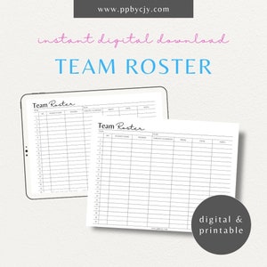 Sports Team Roster Template | Club Organization Member List | School Coach Player Contact List | Athlete Team Member Lineup Info Sheet