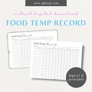 Food Temperature Record Printable Template | Food Safety Log | Cooking & Storage Temperature Tracker | Restaurant Temperature Sheet