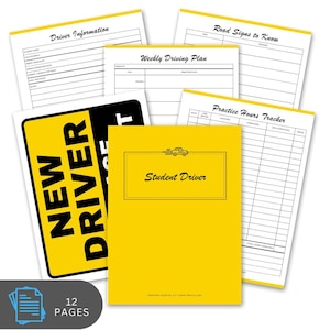 May include: A collection of printable driving lesson materials. Includes a yellow "Student Driver" booklet, a "New Driver" sign, and pages for driver information, weekly plans, road signs, and practice hours. The set contains 12 pages.