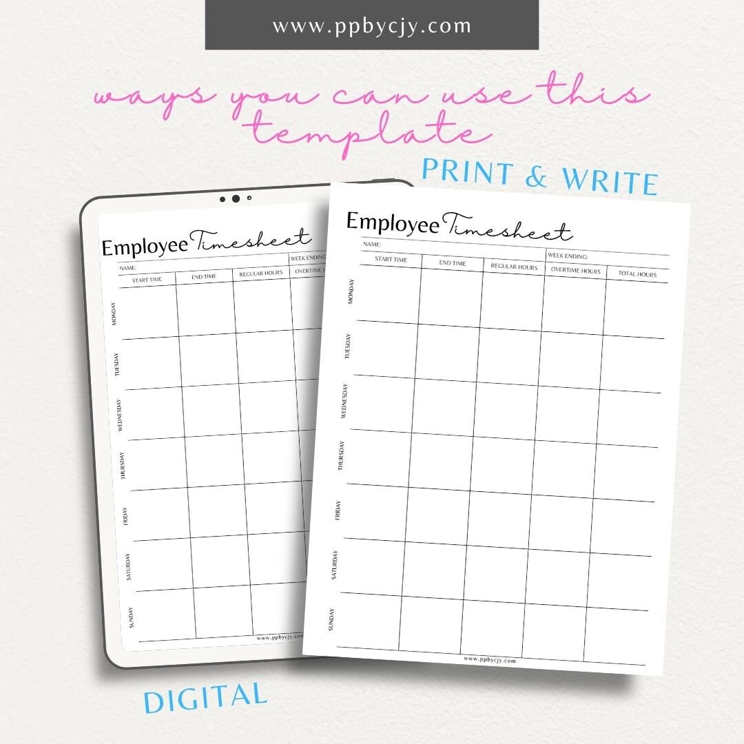 Employee Time Sheet Printable | Work Hours Time Tracking Template | Daily Payroll Timekeeping ...