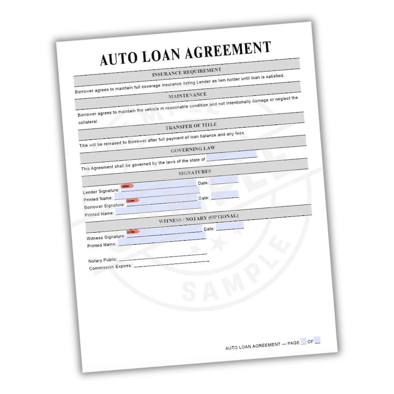 Auto Loan Form.pdf Auto Loan Agreement | Vehicle Contract | Car Loan Printable | Legal ...