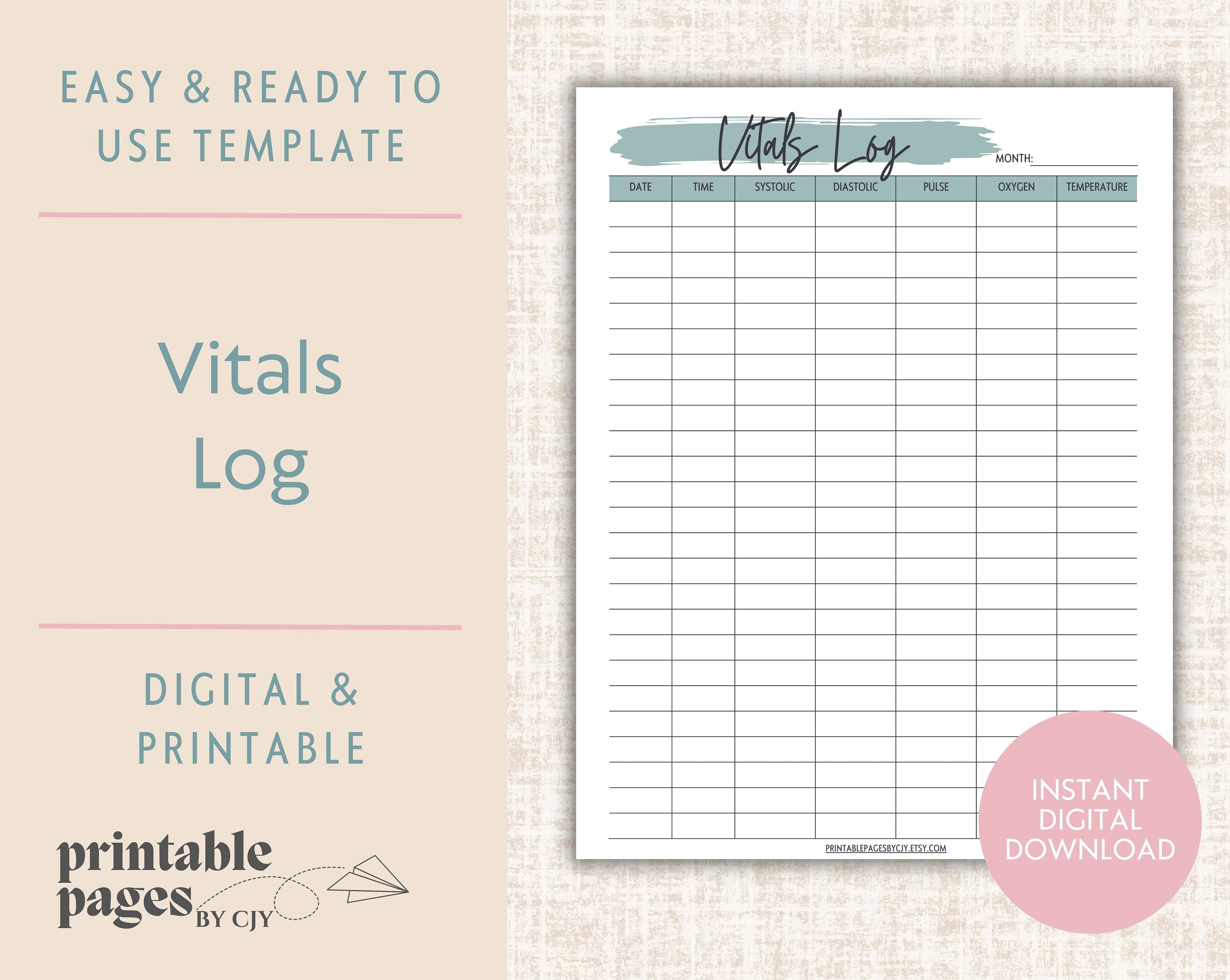 Vitals Log Vital Sign Sheet Printable Vitals Tracker Etsy