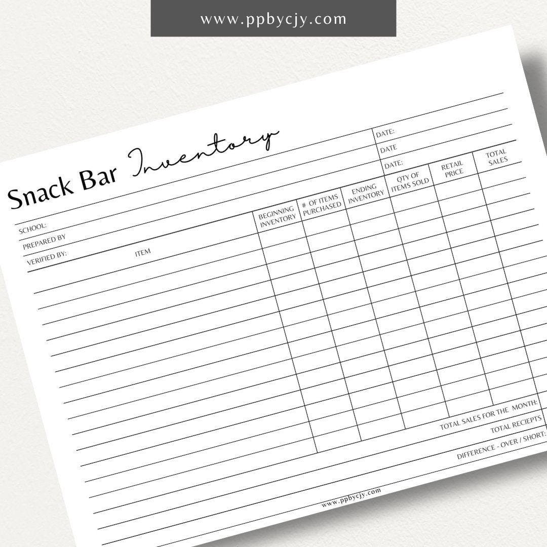 Snack Bar Inventory Printable Template Instant Digital Download Snack Bar Inventory Printable Template Instant Digital Download