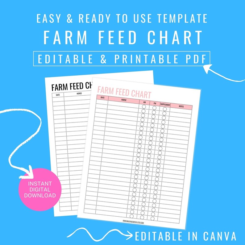 Farm Feed Chart Horse Feeding Log Equine Feeding Schedule Etsy