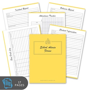 Puede incluir: Un conjunto de formularios de administración escolar, que incluyen informes de incidentes, rastreadores de asistencia y hojas de información del estudiante. Los formularios están impresos en papel blanco con bordes amarillos y están etiquetados con títulos como "Registro de simulacro de incendio" e "Informe de comportamiento". La portada es amarilla y dice "Formularios de administración escolar".