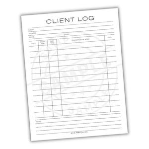May include: A white client log sheet with black text. The title "CLIENT LOG" is at the top. Fields include client information, date, time, description of work, and fees. The bottom of the sheet has the website address www.PPBYCJY.COM.