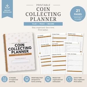 Könnte beinhalten: Ein druckbarer Münzsammelplaner mit 21 Seiten, bestehend aus einem spiralgebundenen Deckblatt mit dem Titel Coin Collecting Planner, Search, Find, Collect sowie verschiedenen Tracking-Blättern wie Coin Wishlist, Storage, Purchase und Value.