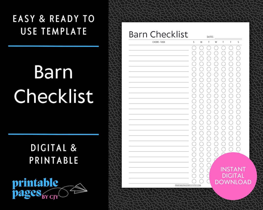 Barn Cleaning Task Checklist Printable Template Farm Animal Ranch Barn Cleaning Task Checklist Printable Template Farm Animal Ranch