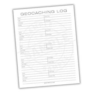 May include: A white geocaching log sheet with the title "GEOCACHING LOG" at the top. The sheet includes sections for date, time, latitude, longitude, notes, and location. The website address www.PPBYCJY.COM is at the bottom.