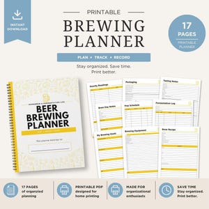 May include: A 17-page printable beer brewing planner with a spiral-bound cover featuring the text "Beer Brewing Planner" and "Homebrew & Fermentation Log." The set includes various tracking sheets for gravity readings, hop schedules, and recipes.