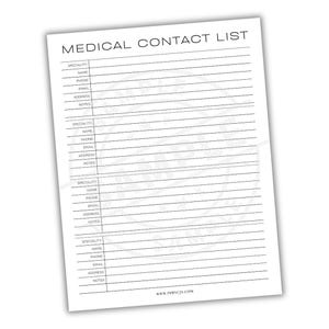 Medical Contact List | Emergency Healthcare Information Sheet | Personal Health History Record Contact Sheet | Doctor Insurance Provider Log
