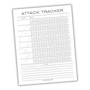 May include: A white A4 paper titled "ATTACK TRACKER" with a grid for tracking symptoms and dates. The top of the page has the title, and the bottom has a website address. The grid is designed for detailed health monitoring.
