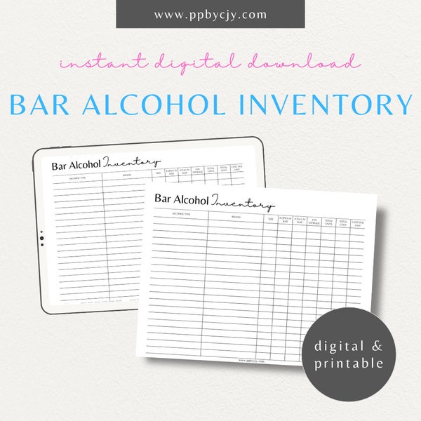 Alcohol Inventory Supply Tracker Printable Template | Liquor Spirits Product Inventory Sheet | Minimalist Bartender Beer Inventory Log