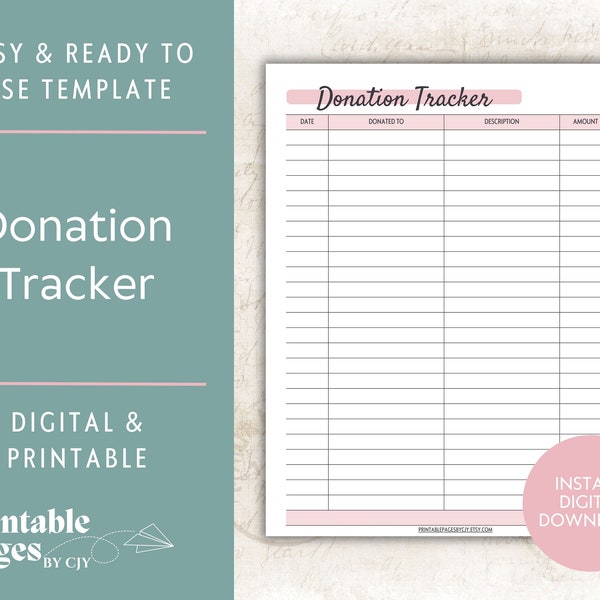 Church Donations Tracker Financial Planner Printable Template | Yearly Charitable Donations Giving Back Log | Tithe Charity Donation Log