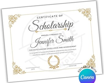 Customizable Scholarship Certificate | Personalized Academic Award Template | Custom Editable Scholarship Honor Recognition Printable