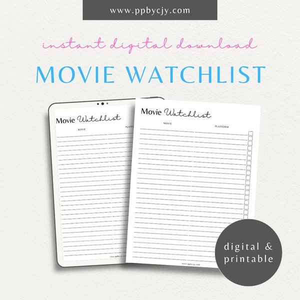 Movies To Watch Printable Bucket List Template | Minimalist Family Movie Night Party Planner | Films To Watch To Do List Tracker